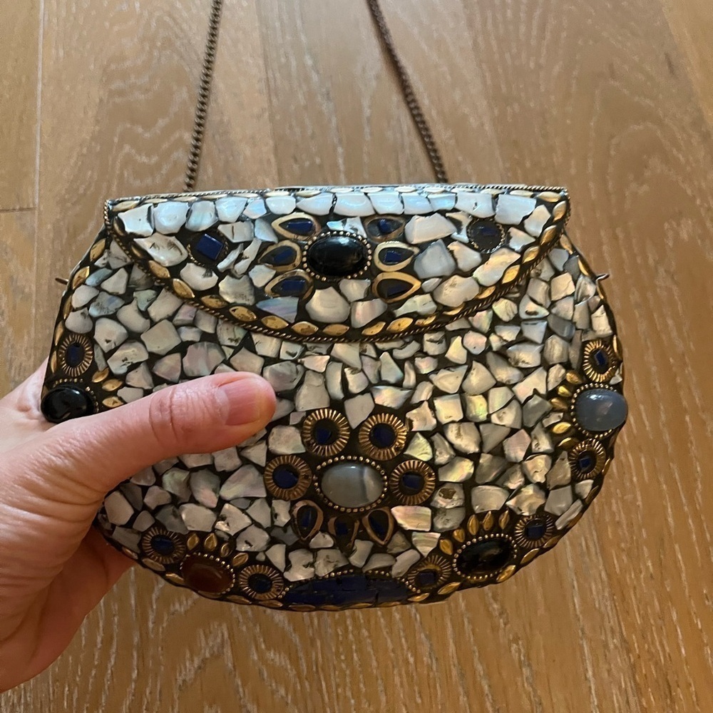 Hand made mother of pearl purse crossbody chain made in India one of a kind - Picture 4 of 11